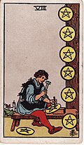 Eight Of Pentacles Tarot Card: Upright, Reversed & Spread Meanings — Rider-Waite-Smith tarot card