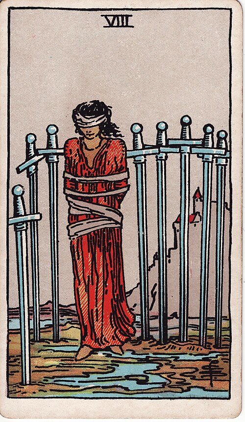 Eight Of Swords Tarot Card: Upright, Reversed & Spread Meanings — Rider-Waite-Smith tarot card