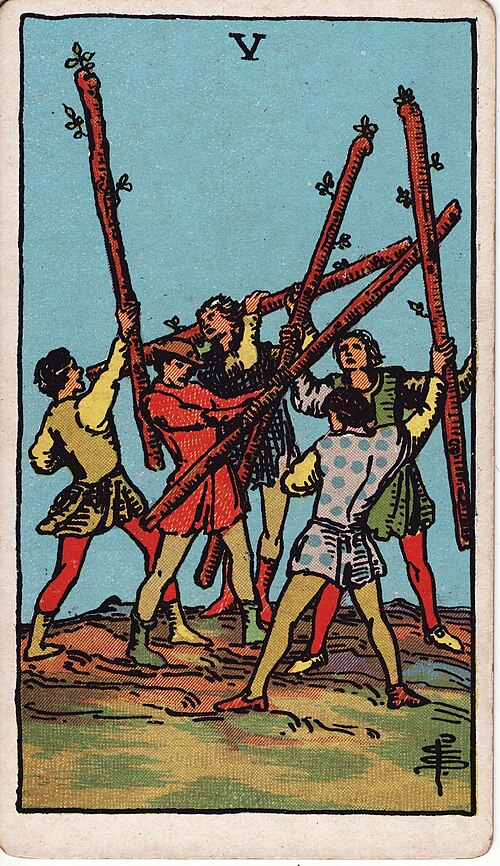 Five Of Wands Tarot Card: Upright, Reversed & Spread Meanings — Rider-Waite-Smith tarot card