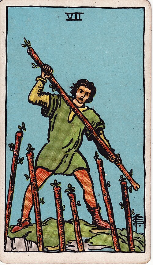 Seven Of Wands Tarot Card: Upright, Reversed & Spread Meanings — Rider-Waite-Smith tarot card