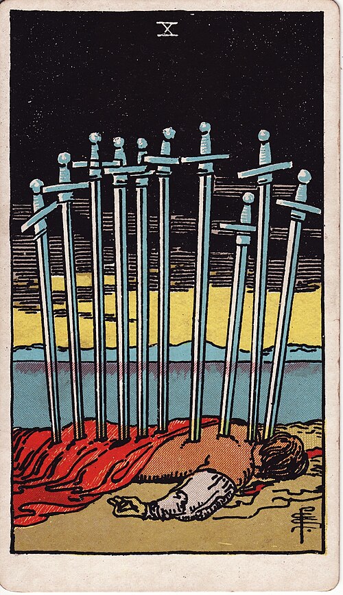 Ten Of Swords Tarot Card: Upright, Reversed & Spread Meanings — Rider-Waite-Smith tarot card