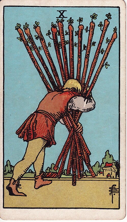 Ten Of Wands Tarot Card: Upright, Reversed & Spread Meanings — Rider-Waite-Smith tarot card